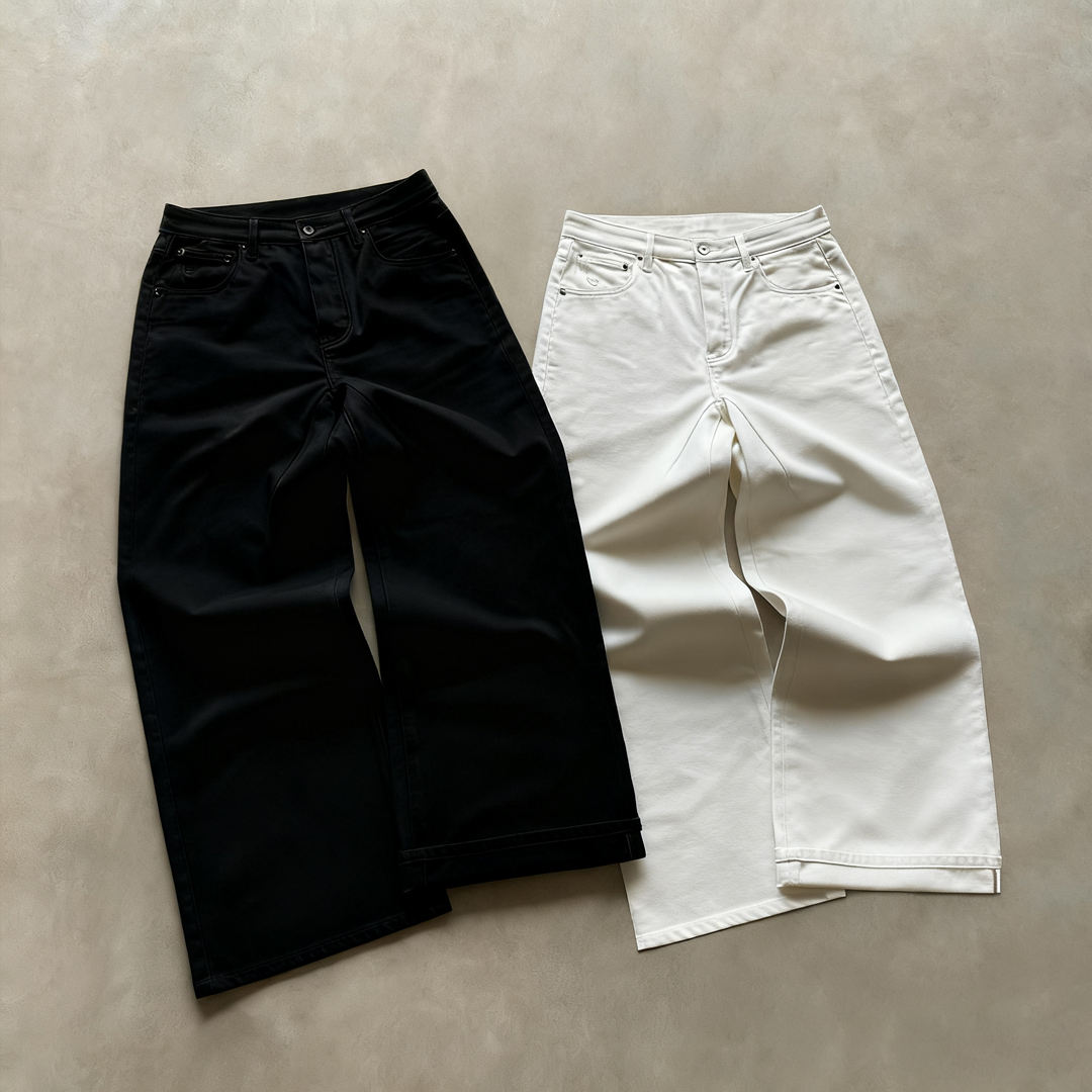 Pantaloni din denim japonez selvedge, model drept, largi, netezați, de culoare neagră și albă, făcuți la comandă pentru bărbați