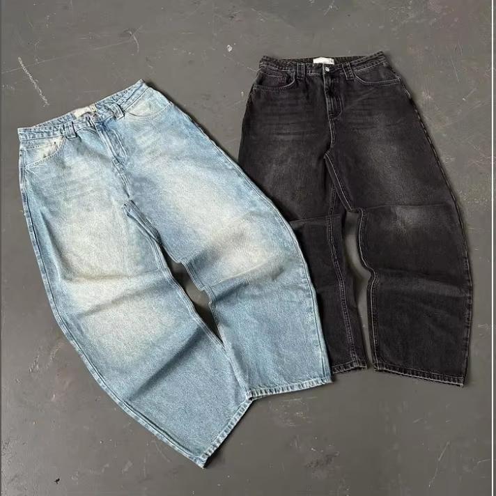 Donguan Manufacturer Custom Vintage Wash Black Blue Stacked Straight Wide Leg Baggy Denim Pants Jeans for Men