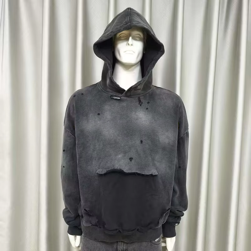 Clothing Manufacturers Custom French Terry 100%cotton Oversized Vintage Acid Wash Ripped Distressed Hoodie Sweatshirt for Men