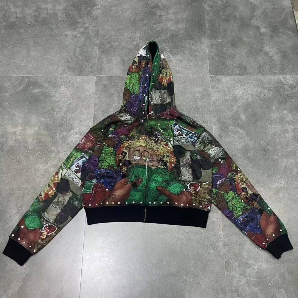 Streetwear Hip Hop Custom Rivet Studded Vintage Graffiti All Over Graphic Print Cartoon Anime Cropped Zip up Hoodies Men