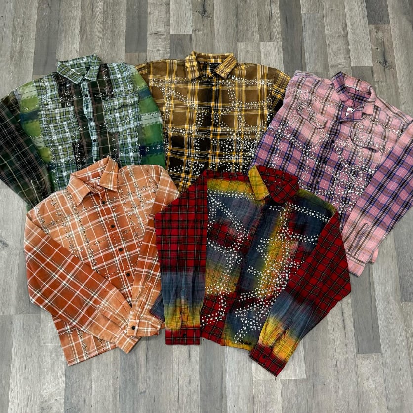 Fabrik Mænds Overdimensioneret Plus Størrelse Distressed Vintage Syrevasket Tartan Knap Bomuld Rhinestone Flanelskjorte Langærmet Skjorter Mand