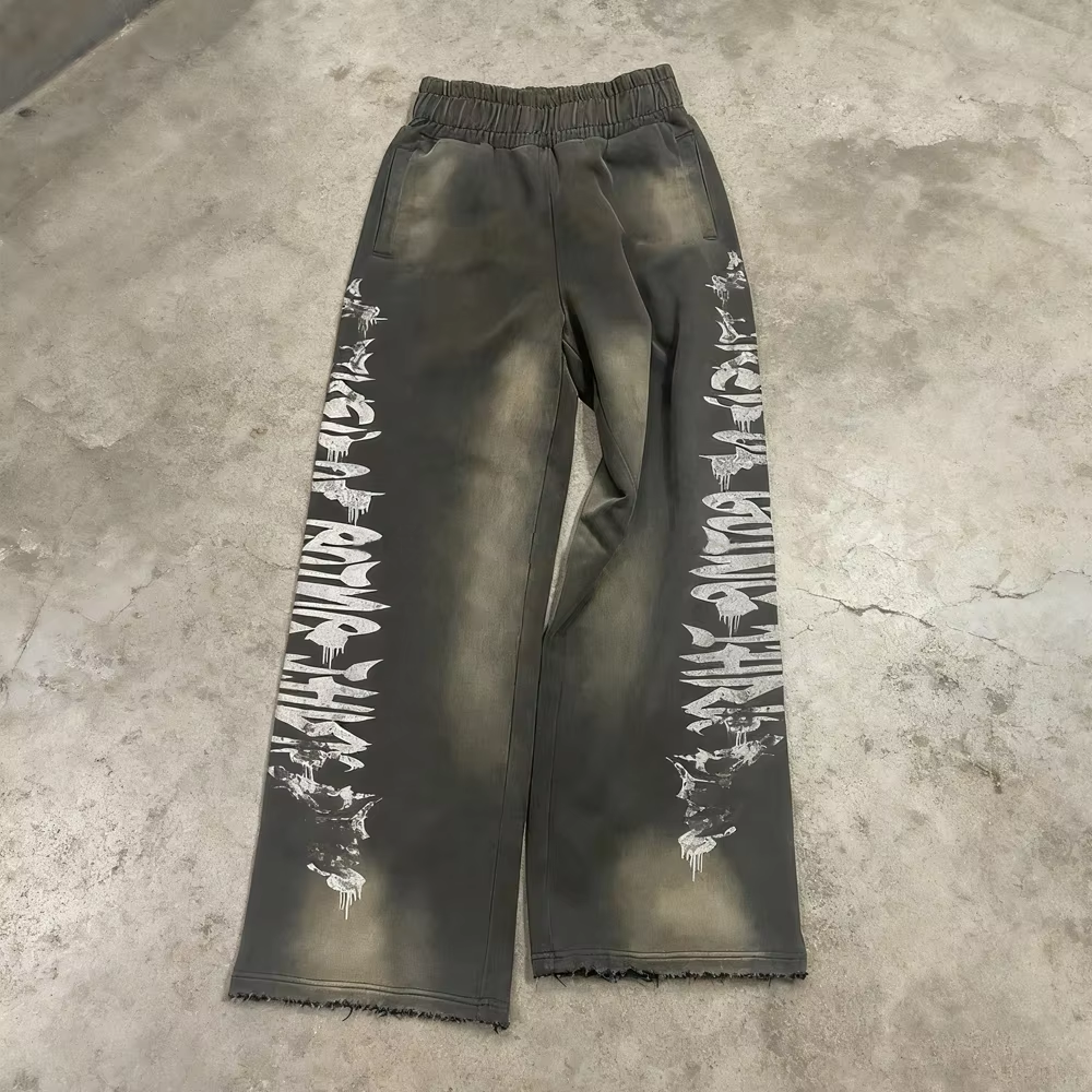 Street Wear Custom Dtg Printed French Terry 100% Cotton Distressed Baggy Wide Leg Sun Faded Acid Wash Jogger Sweatpants