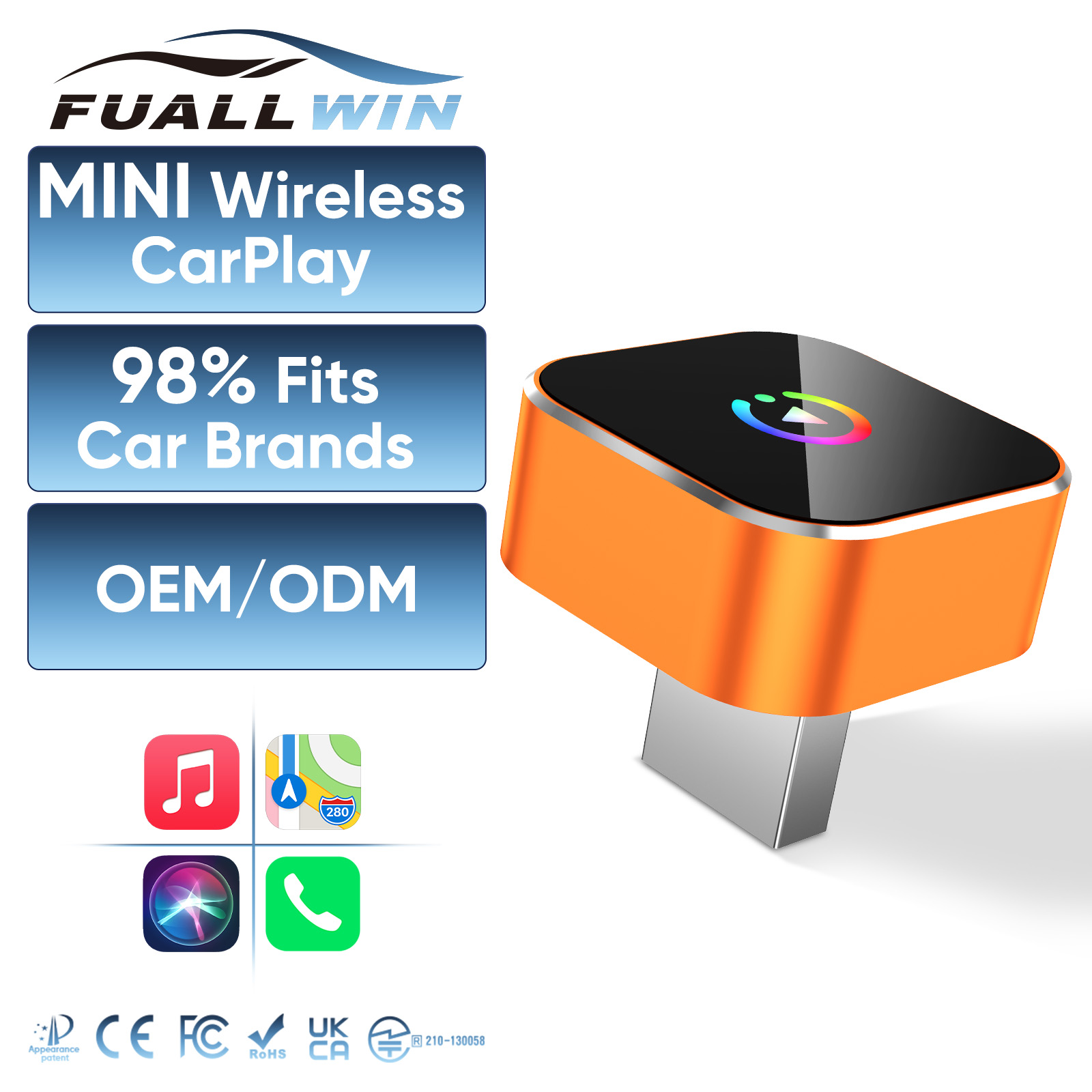 אביזרי רכב אלחוטיים מסוג USB של Fuallwin, מתאם אלחוטי מיני ל-CarPlay, מתאם אלחוטי לרכב עבור אייפון של Apple, סמסונג ואנדרואיד