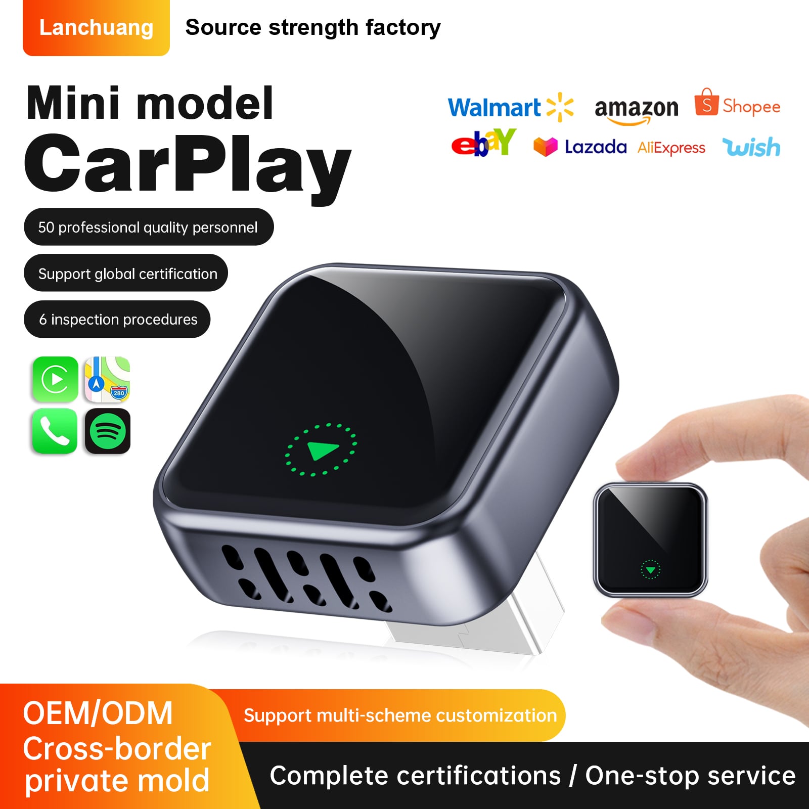 מתאם אלחוטי ל-CarPlay מסוג 2 ב-1 של Fuallwin בעיצוב מיני, עם חיבור יציב התומך ברשת Wi-Fi דו-פסית לניווט בתוך הרכב