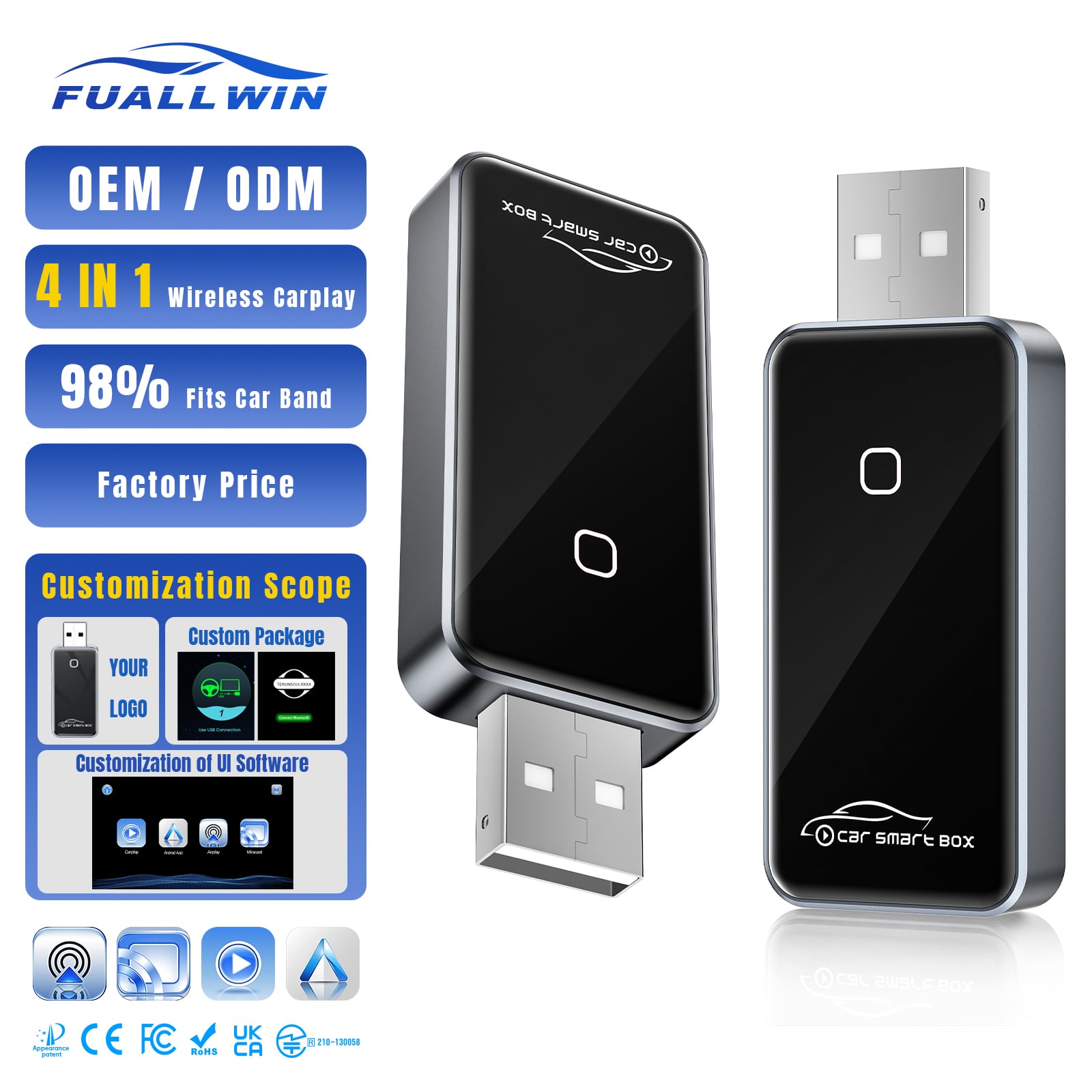 מתאם אלחוטי ל-CarPlay מסוג 4 ב-1 של Fuallwin, למכירה סיטונית, מוכן להפעלה מיידית (Plug-and-Play), דונגל USB מיני לשדרוג אינטיליגנטי של מסכים מקוריים (OEM) ברוב הרכבים