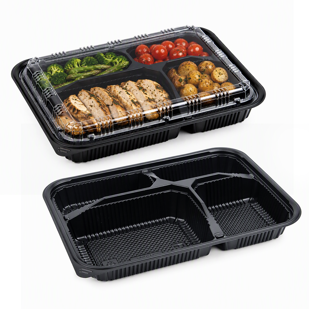 4 Compartment Disposable Meal Containers 700ml | Black PP Food Trays with Clear OPS Anti‑Fog Lids