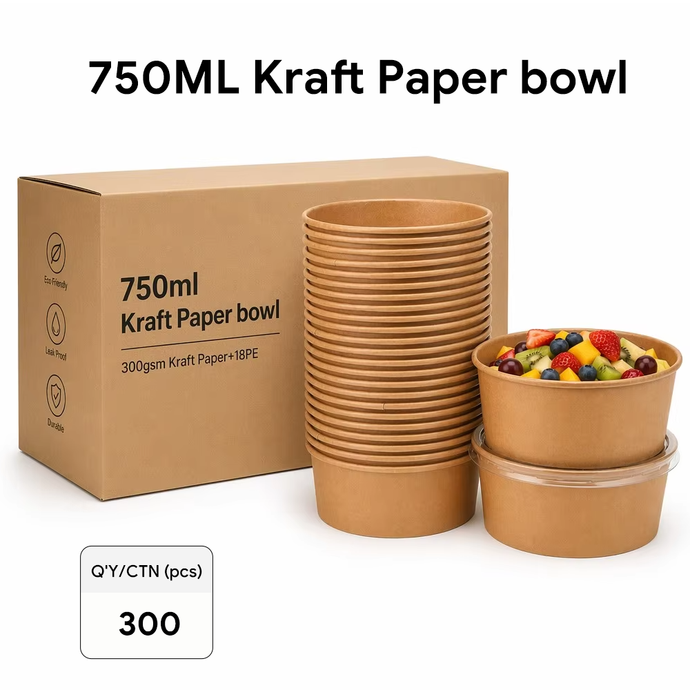 Wholesale Kraft Paper Bowls 750ml with PET Lids, 300/Carton, Food-Grade Disposable Bowls, Hot & Cold Food Safe, US Local Stock