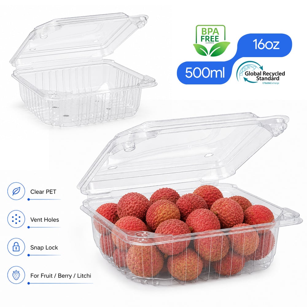 Clear PET Clamshell Fruit Containers 250ml & 500ml BPA Free Vented Plastic Berry Litchi Strawberry Packaging Boxes For Supermarket Wholesale
