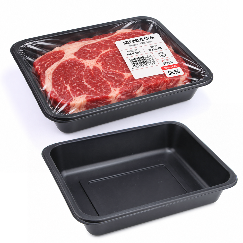 Black Plastic Meat Tray with Heat-Sealable Rim for Beef and Poultry