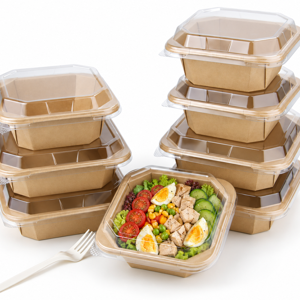 Square Kraft Paper Bowls with Clear PET Lids | 300‑1200ml Multi‑Sizes Disposable Food Containers