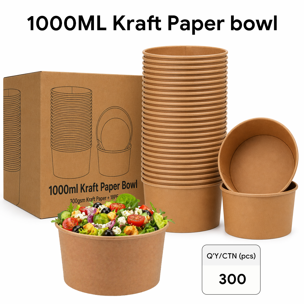 1000ml Kraft Paper Bowl with PET Lid – 300 Pcs/Carton | Large Disposable Soup & Salad Bowls, Food-Grade, US Stock Fast Delivery