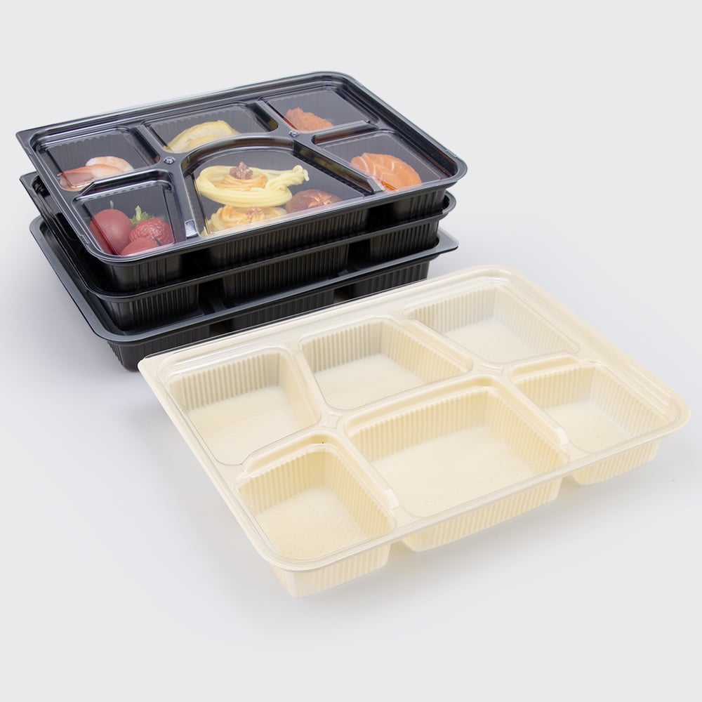 6-compartment white PP takeaway lunch box with OPS anti-fog lid
