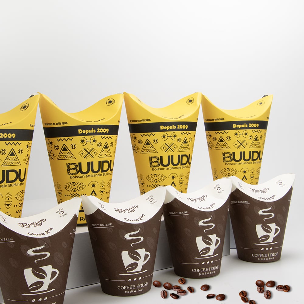 Factory customization of disposable biodegradable butterfly paper cups for hot drinks and coffee