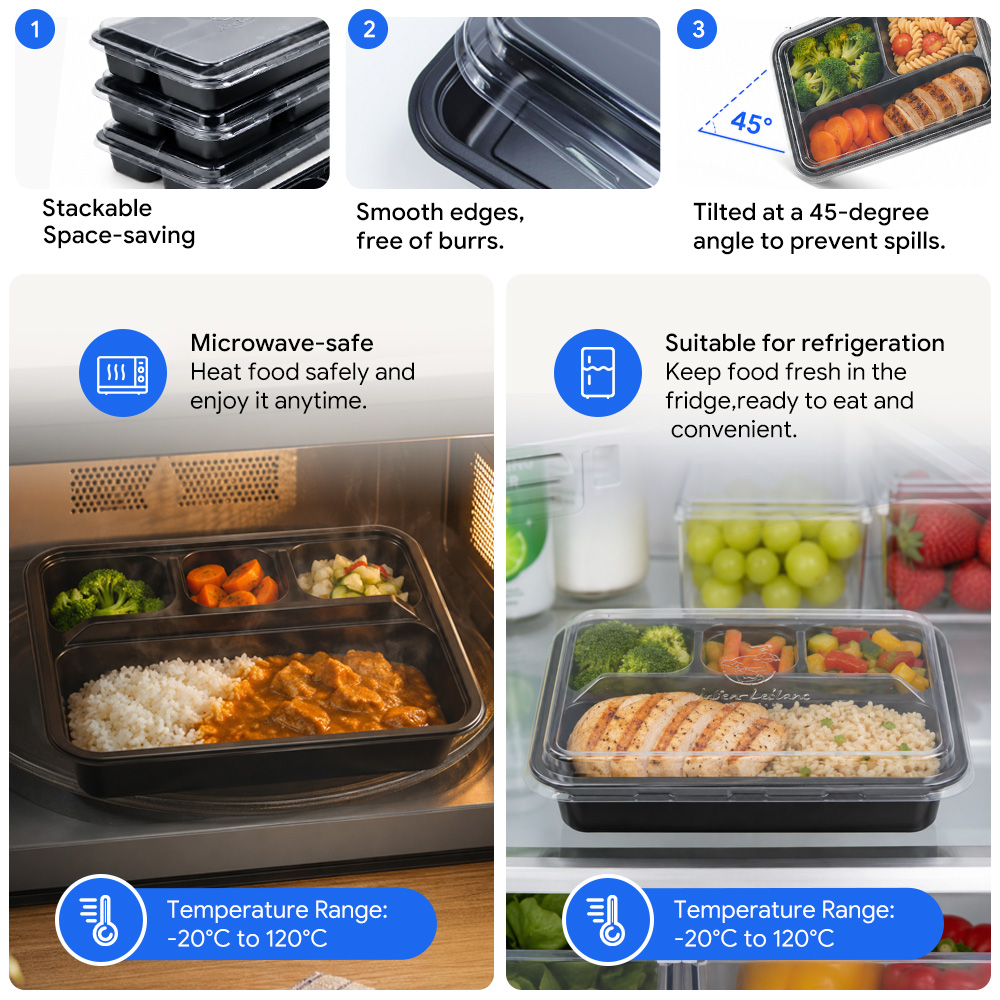 Divided PP Meal Prep Containers With Clear PET Lids details