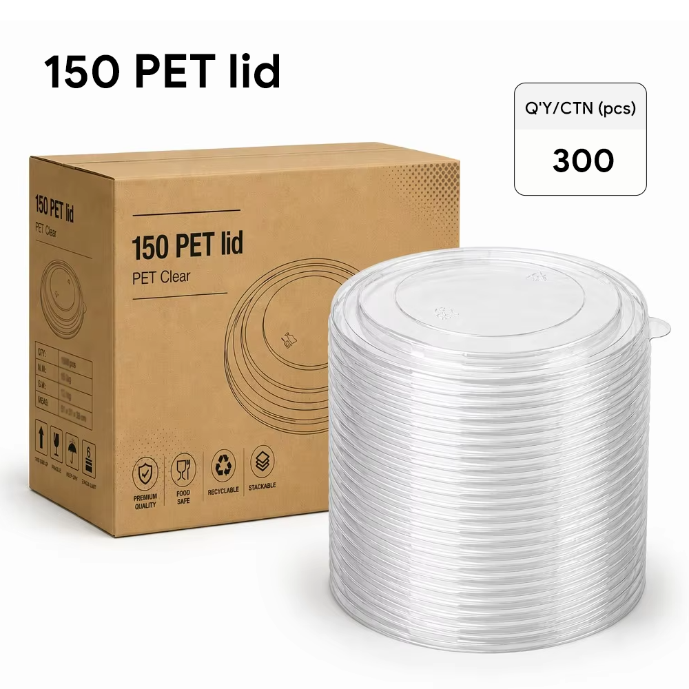 Bulk Clear PET Lids – 500ml / 750ml / 1000ml for Kraft Paper Bowls, 300pcs per Carton, Disposable Lids for Takeout & Catering, Fast Ship from US Stock