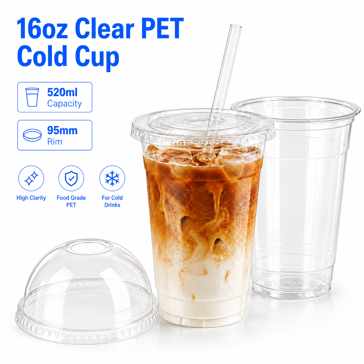 95mm caliber 16oz clear PET cold drink plastic cup wholesale