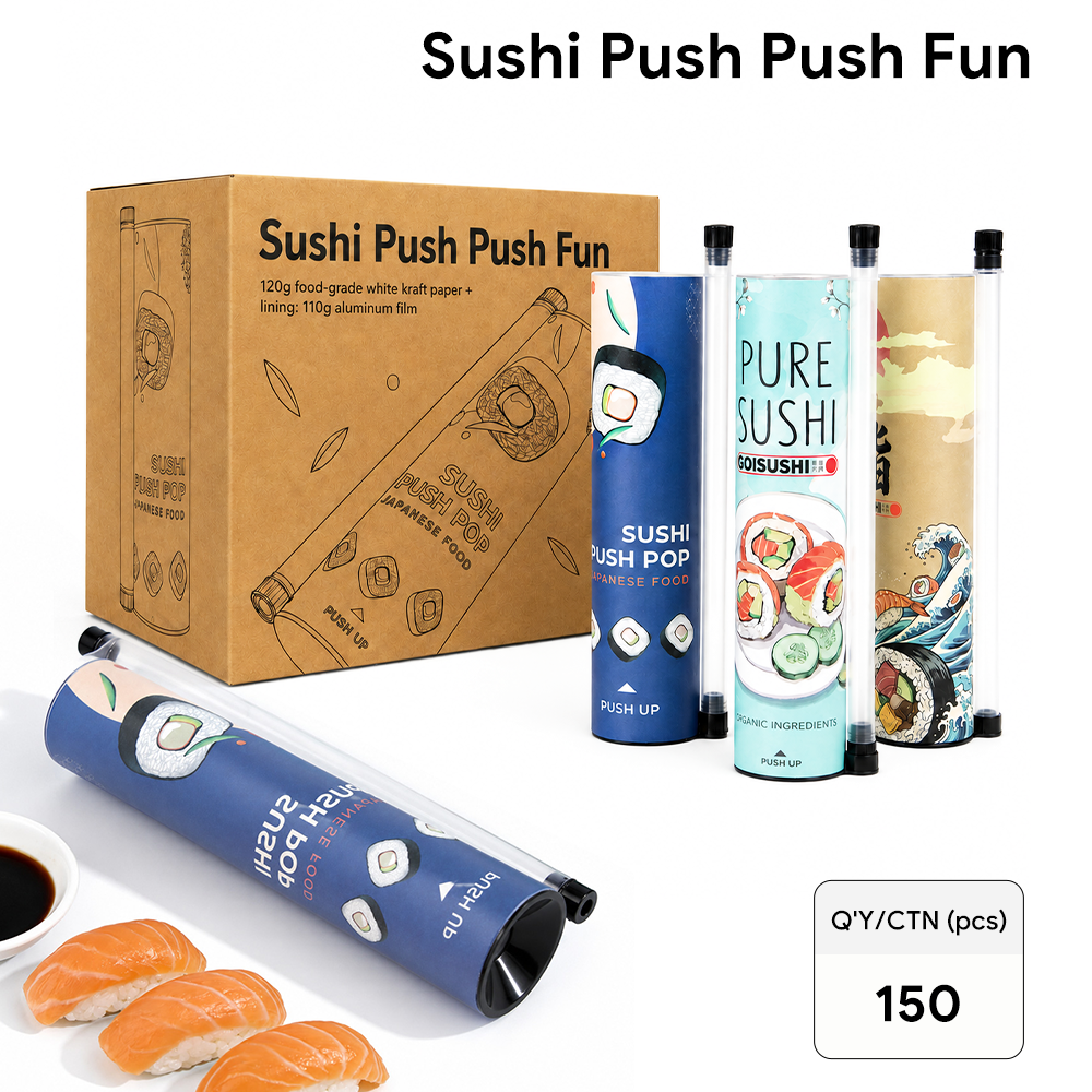 Sushi Push Pop Containers 50x220mm – 150 Pcs/Carton | Disposable Push-Up Sushi Tubes with Sauce Tube for Takeout & Catering | US Stock Ready to Ship