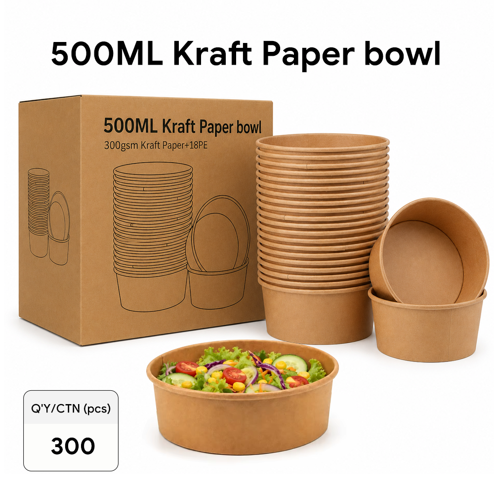 500ml Kraft Paper Bowls with PET Lids – 300 Pcs/Carton | Disposable Food-Grade Bowls for Takeout & Catering | US Stock Ready to Ship