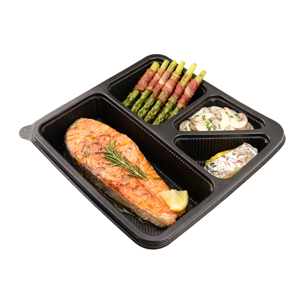 Recyclable 4 compartment PP takeaway lunch box with PP lid