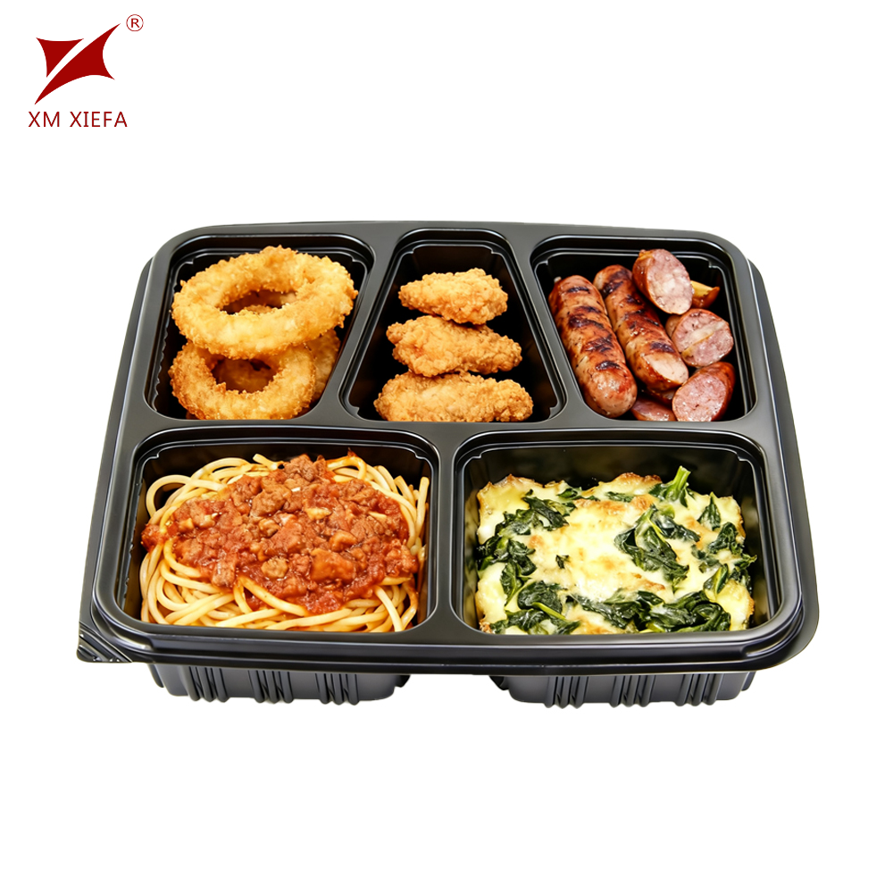 Recyclable 5 compartment PP takeaway lunch box with PP lid