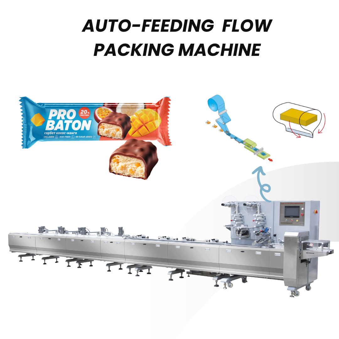 Machine automatique d'emballage avec alimentation continue — Machine d'emballage de chocolat — Machine d'emballage de barres de bonbons et de biscuits — Machine d'emballage en flux continu — Machine horizontale d'emballage alimentaire pour barres protéinées