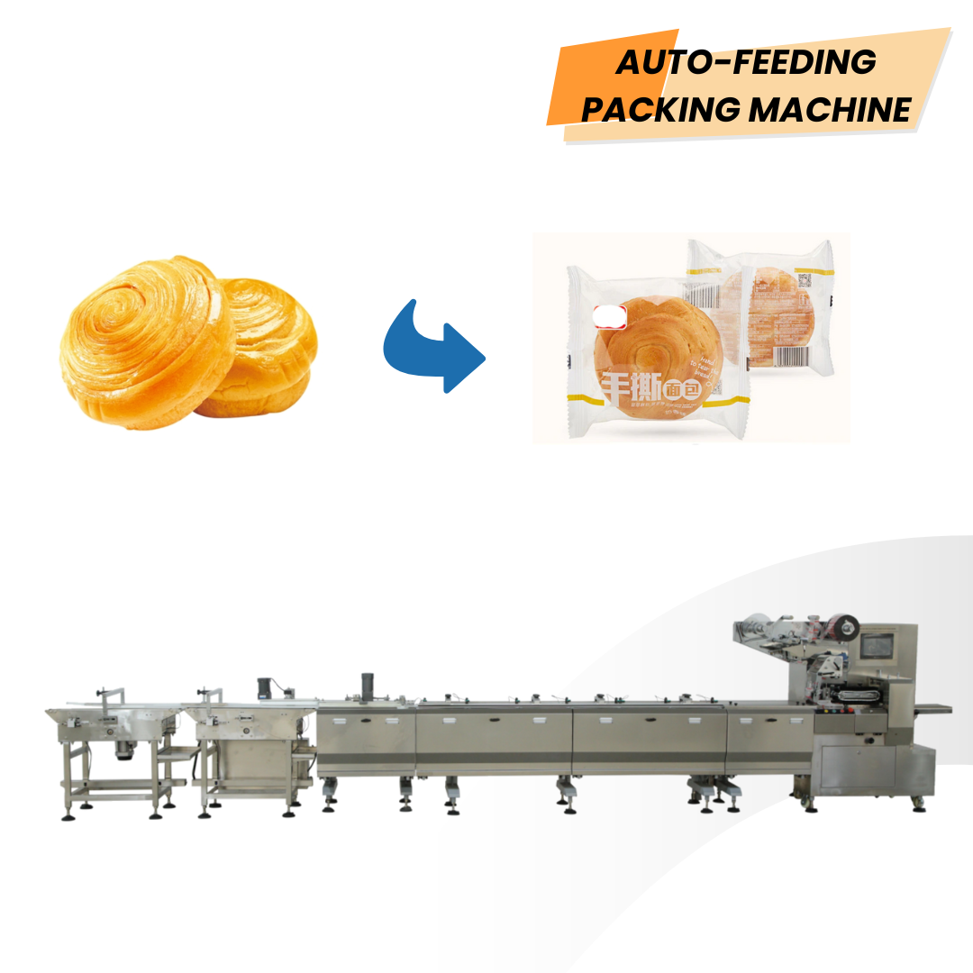 Macchina automatica per il confezionamento di pane, torte e prodotti alimentari – Macchina automatica per l’imballaggio in flusso di tipo sacchetto a cuscino