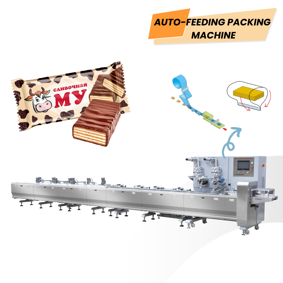 Machine automatique d'emballage, d'enrobage et de conditionnement de biscuits gaufrettes — Emballeuse horizontale à flux continu pour gâteaux / pains