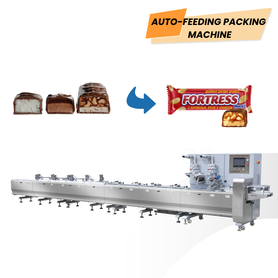 Máquina tipo almohada para empaque de barras de chocolate y cereales; maquinaria automática de empaque en flujo con línea de alimentación automática