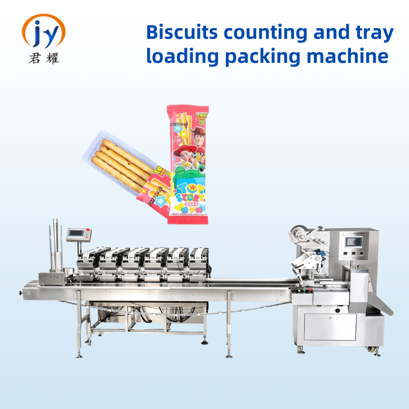 Machine automatique polyvalente à film descendant pour le comptage et l’emballage de biscuits allongés