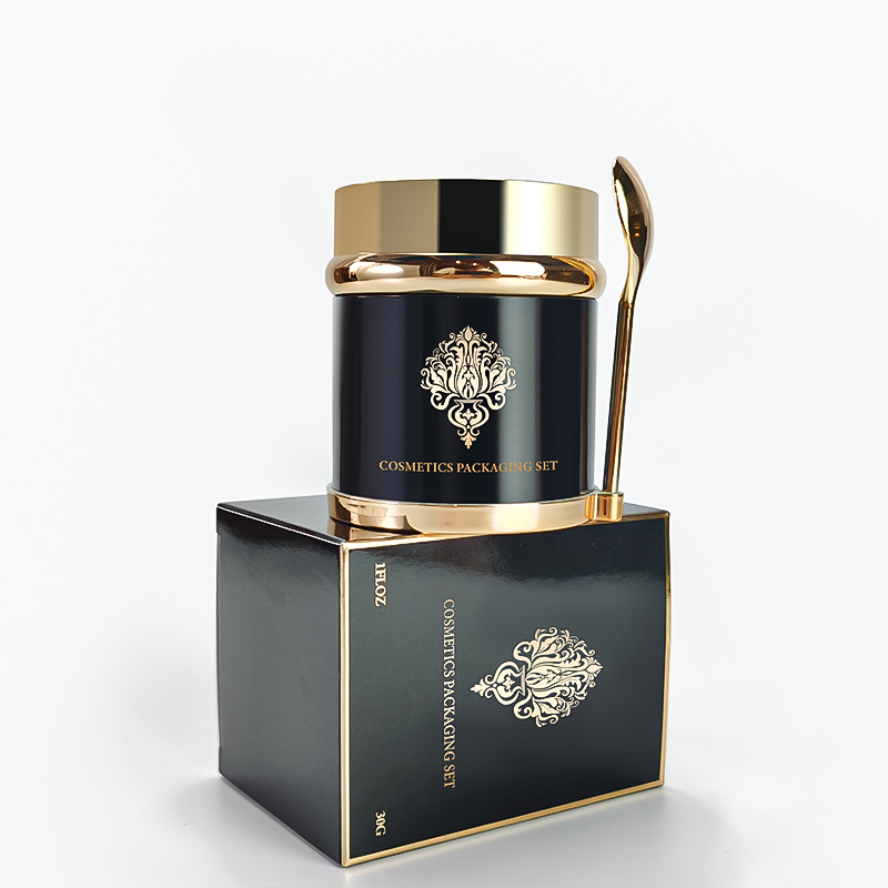 Custom Logo Eco-friendly Luxury Skincare Cream Jar Cosmetic 20ml 30ml 50ml Black Gold Cap Glass Bottle Jar with Spoon and Box