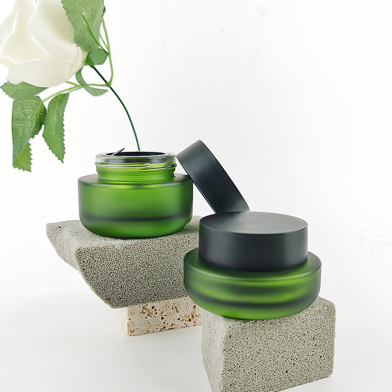 Wide Mouth Round Shape Green Frosted Skincare Packaging Matte Green Jars Cosmetics with Lids and Caps