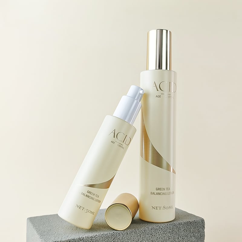 Slim cylinder light yellow glass skincare lotion bottles and jar HY-2459