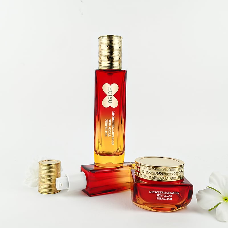 Square Luxury Golden Lids Gradient Red Glass Cosmetics Cream Container HY-2452