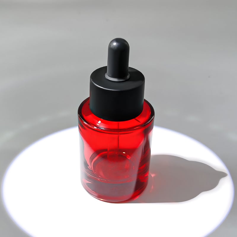 Flat Shoulder Round Red Color Black Cap 30ml 15ml Cosmetics Glass Dropper Bottle HY-2369