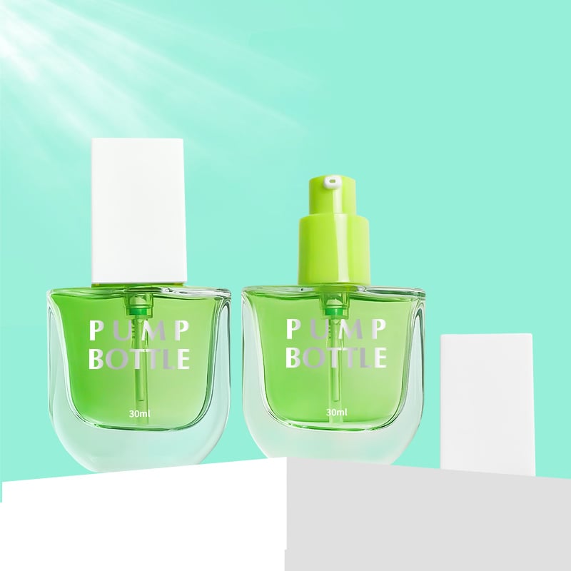 Customized Flat Makeup Bottles 30 ml Cute Deluxe Green Lotion Pump Glass Foundation Bottle