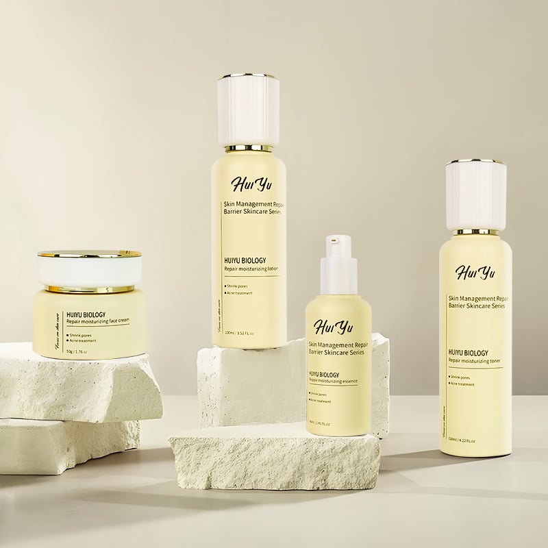 Cosmetic Set Packaging Eco-friendly Skin Care Luxury White Cap 30ml 100ml Frosted Glass Bottles With Lotion Pump HY-2470