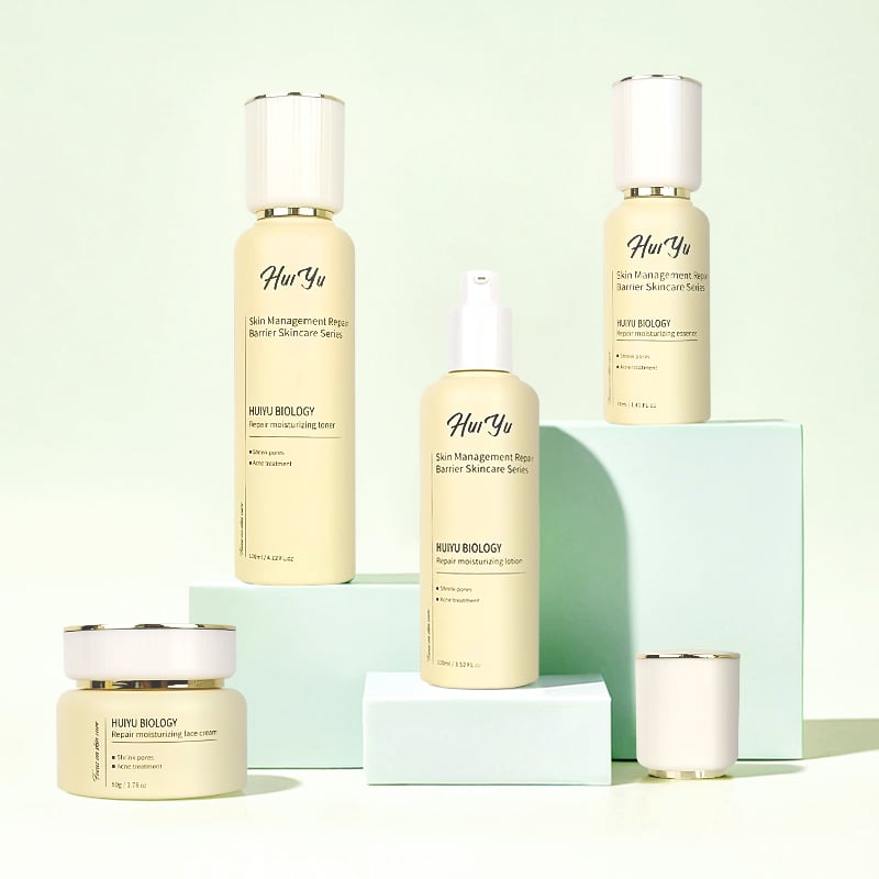 Cosmetic Set Packaging Eco-friendly Skin Care Luxury White Cap 30ml 100ml Frosted Glass Bottles With Lotion Pump HY-2470