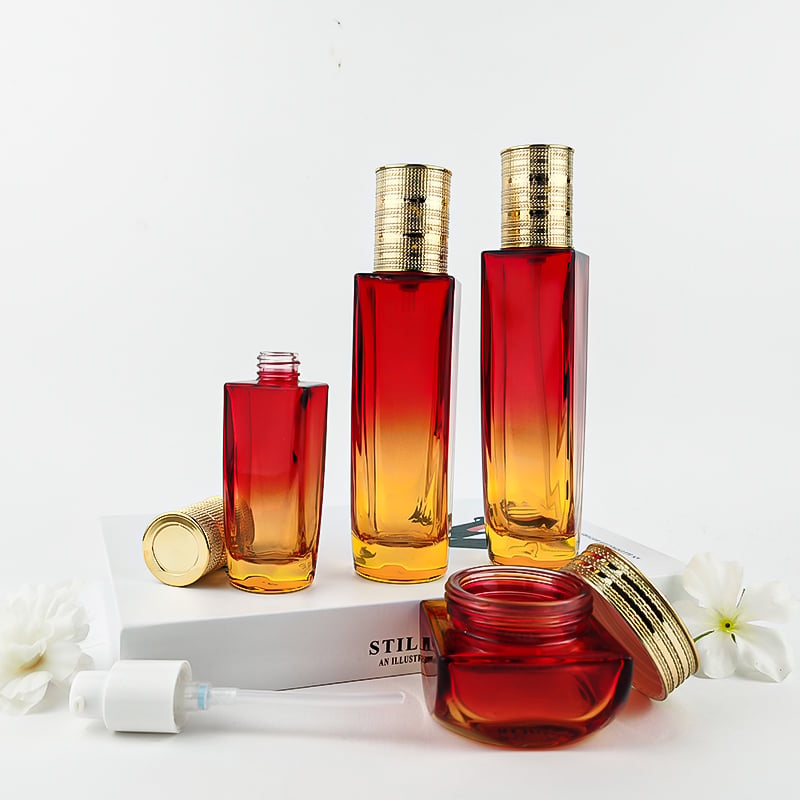 Square Luxury Golden Lids Gradient Red Glass Cosmetics Cream Container HY-2452