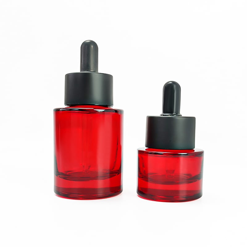 Flat Shoulder Round Red Color Black Cap 30ml 15ml Cosmetics Glass Dropper Bottle HY-2369