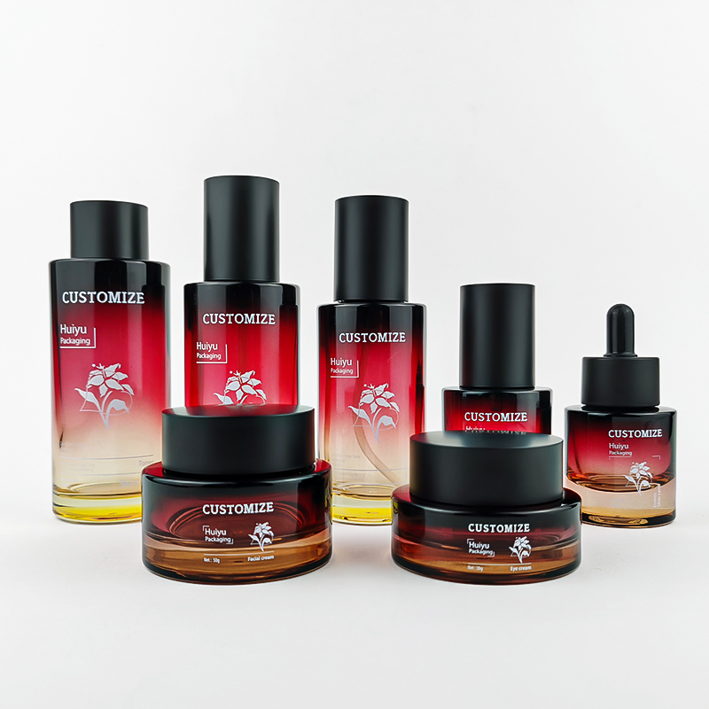 Reka Bentuk Baru Gradient Hitam Merah Kosong Botol Kaca Kosmetik Set HY-2369