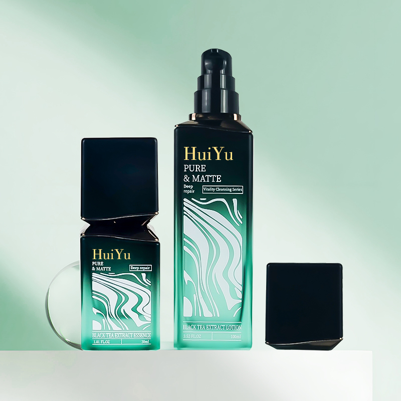 Cosmetic Green Glass Bottle 100ml 50ml 30ml square Flat Black Cap Skincare Packaging Set Emulsion Lotion Glass Pump Bottles