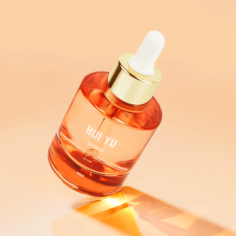 Flacon compte-gouttes en verre OEM personnalisé de 40 ml, surface transparente, pour étiquette privée, sérum pour soins de la peau, emballage en boîte avec bouchons dorés