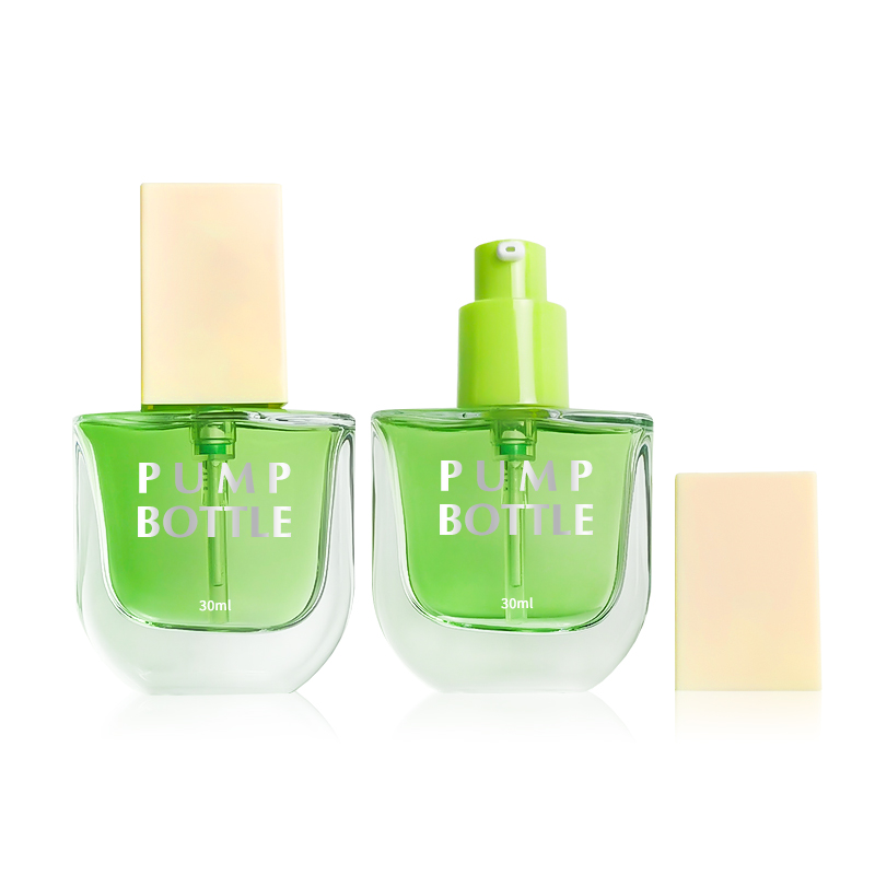 Customized Flat Makeup Bottles 30 ml Cute Deluxe Green Lotion Pump Glass Foundation Bottle