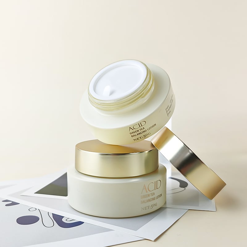 Slim cylinder light yellow glass skincare lotion bottles and jar HY-2459