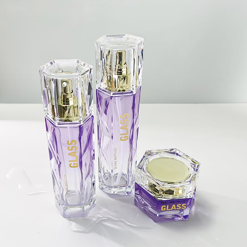 New arrival irregular purple gold stamping glass cosmetics packaging bottles HY-2466