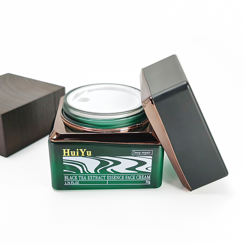 Luxury Green Square Glass Cosmetic Jar 50g Empty Cosmetic Face Cream Container Jar with Black Lids HY-2469