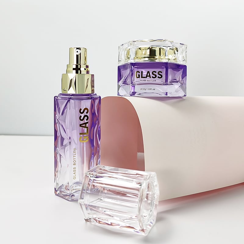 New arrival irregular purple gold stamping glass cosmetics packaging bottles HY-2466