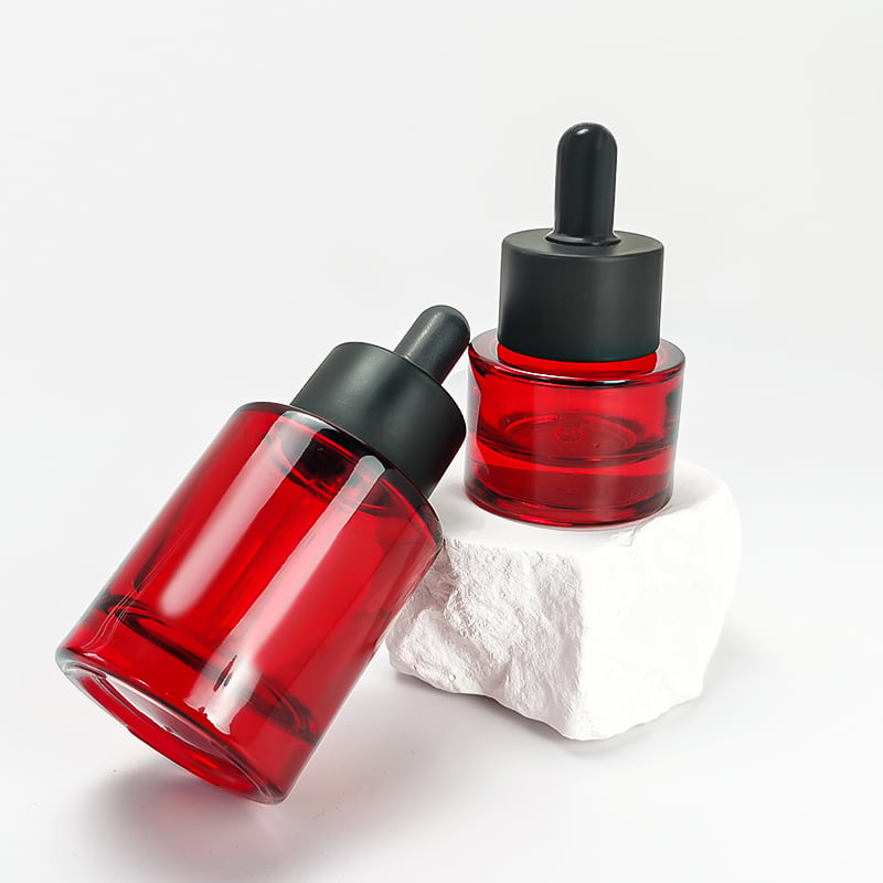 Flat Shoulder Round Red Color Black Cap 30ml 15ml Cosmetics Glass Dropper Bottle HY-2369