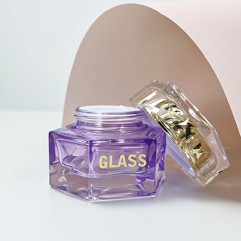New arrival irregular purple gold stamping glass cosmetics packaging bottles HY-2466