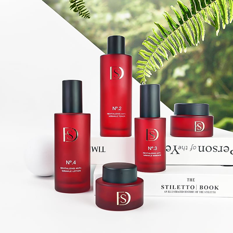 Skincare Bottles Packaging Luxury Red Color 120ml 40ml Custom logo Cosmetic Glass Bottle Lotion Pump HY-2479